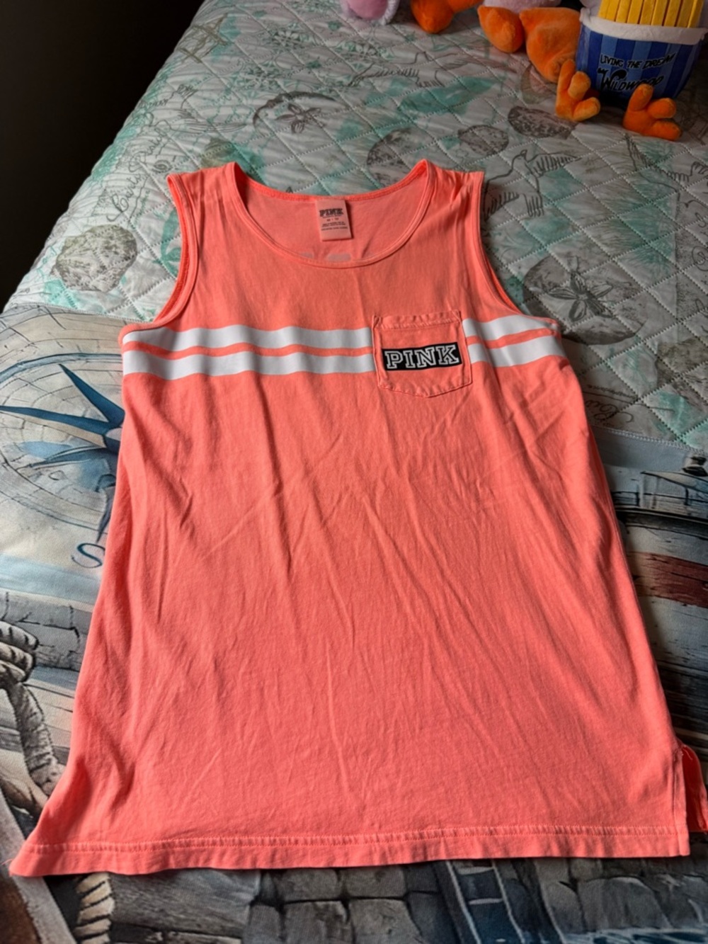 PINK Victoria's Secret Neon Coral Tank with White Chest Stripes